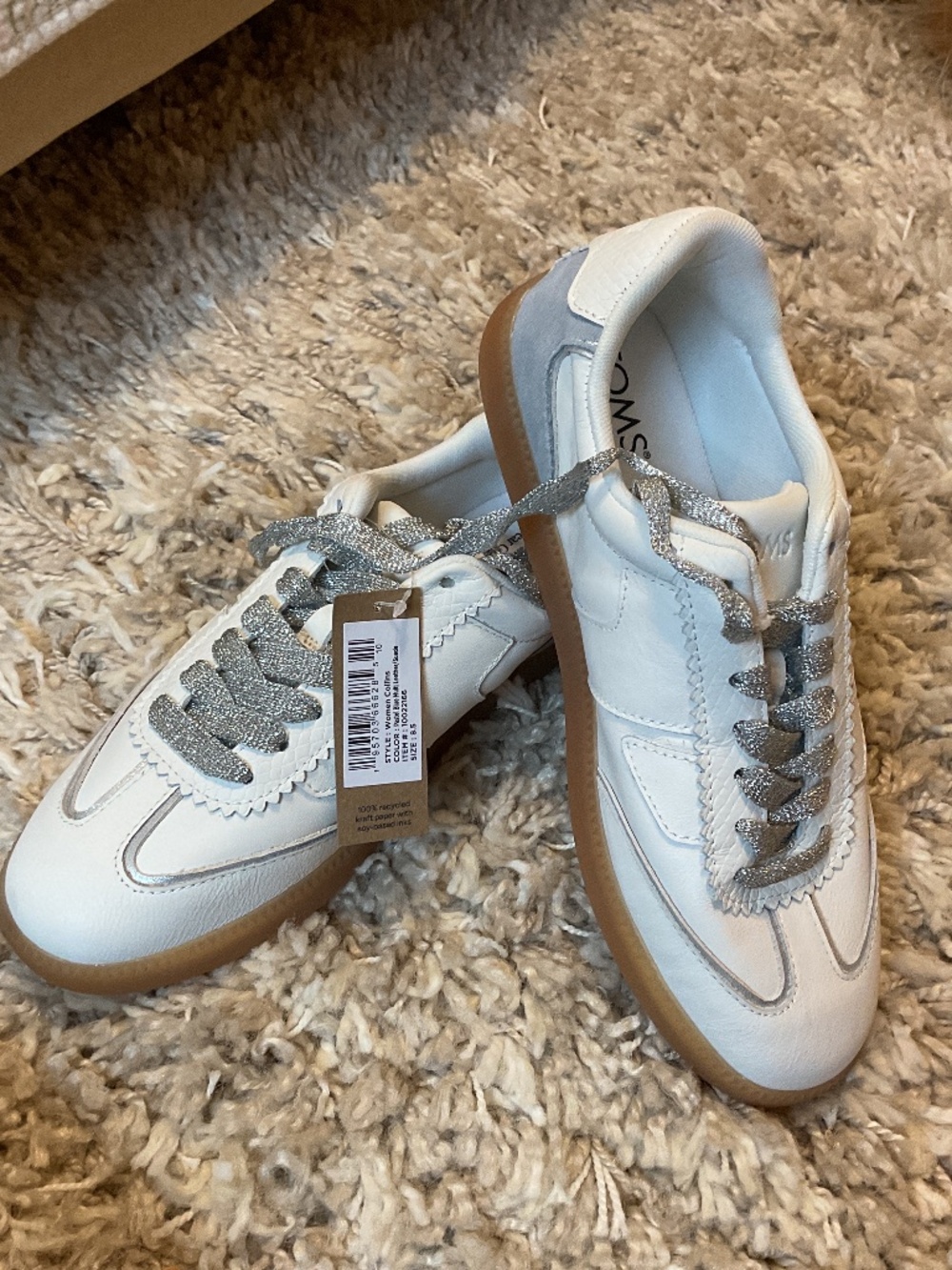 Tom’s leather with blue suede size 8.5 tennis shoes with silver sparkly laces